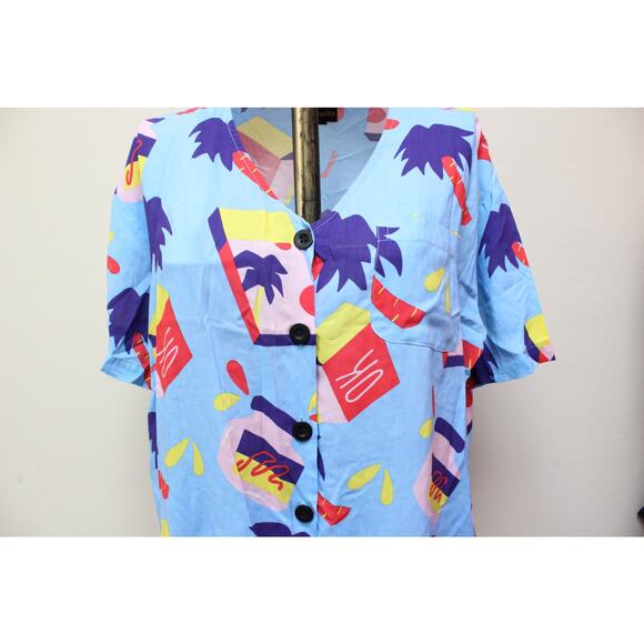 Nooworks Blue Snacks Palm Tree Button Down Shirt Dress Size Medium - Picture 2 of 4